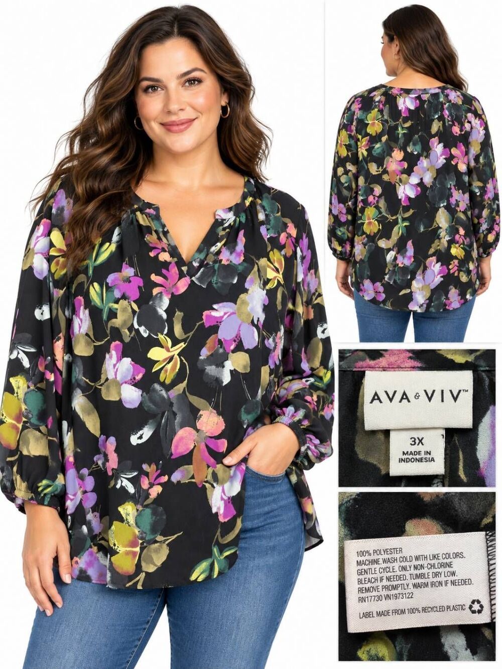 Ava & Viv Size 3X Black Floral Split Neck Blouse